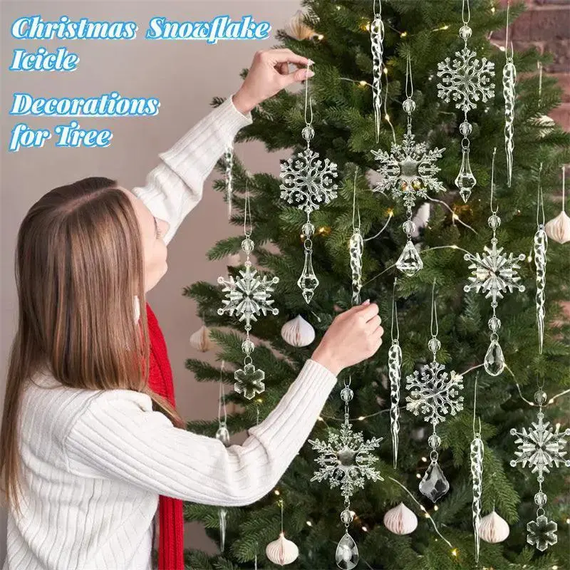 10pcs Christmas Tree Hanging Pendants Acrylic Ice Strip Snow Ceiling Xmas Ornaments New Year Christmas Decoration Home Décor