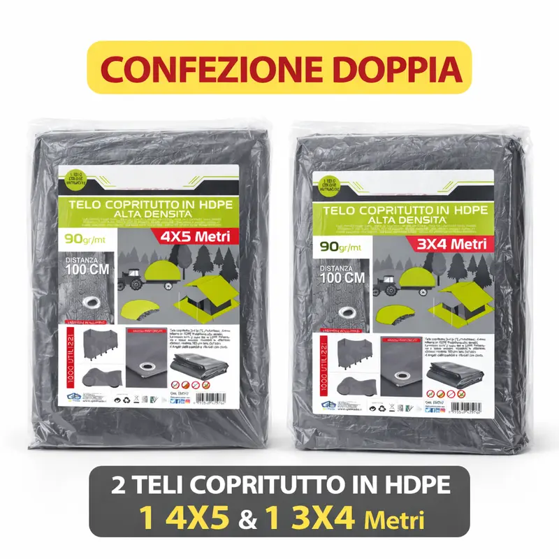 2 Teli Copritutto in HDPE 4x5 e 3x4 mt Resistenti Occhielli Alluminio Alta Densità 90gr/mq