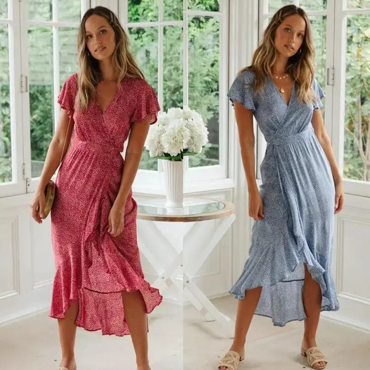 2021wish Amazon ebay summer hot new European and American small floral V-neck short-sleeved lace dress