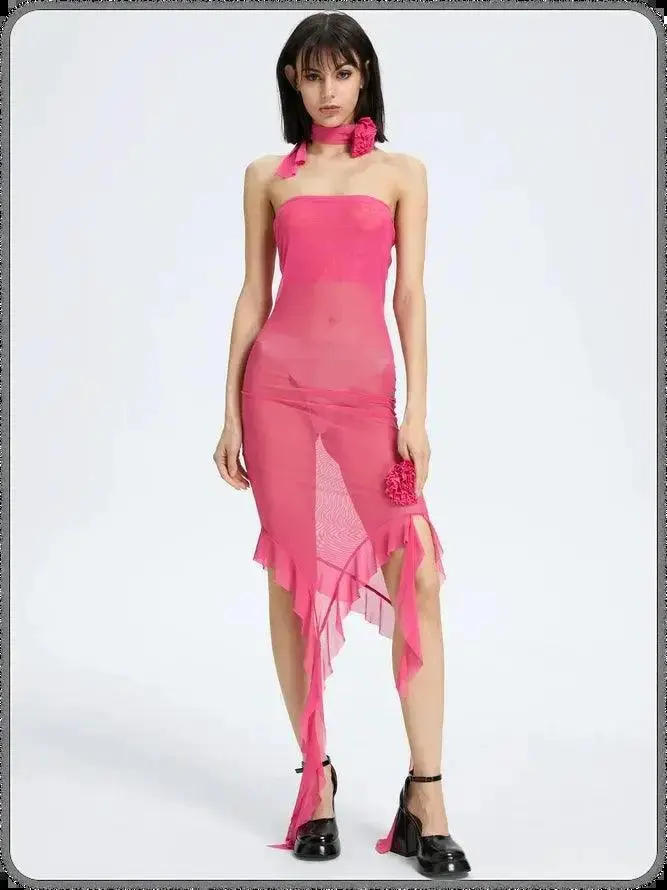 2023 Net Yarn Flower Sexy Waist Tube Top Hip Dress