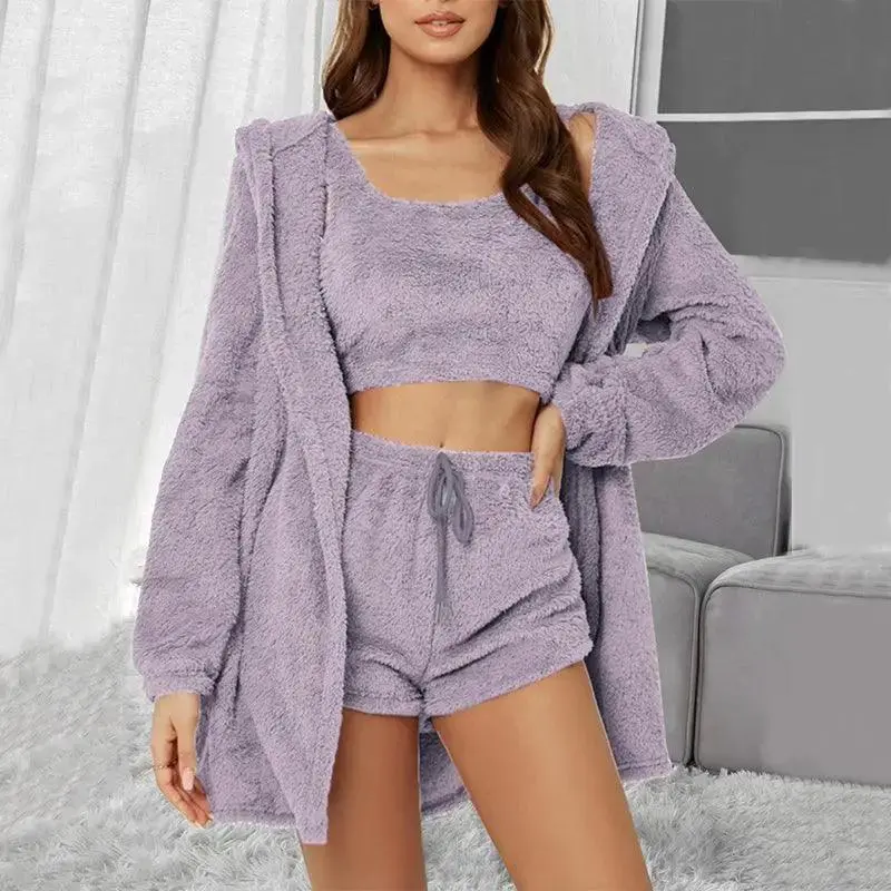3pcs Suits Winter Solid Color Double-sided Plush Warm Thickened Hooded Set