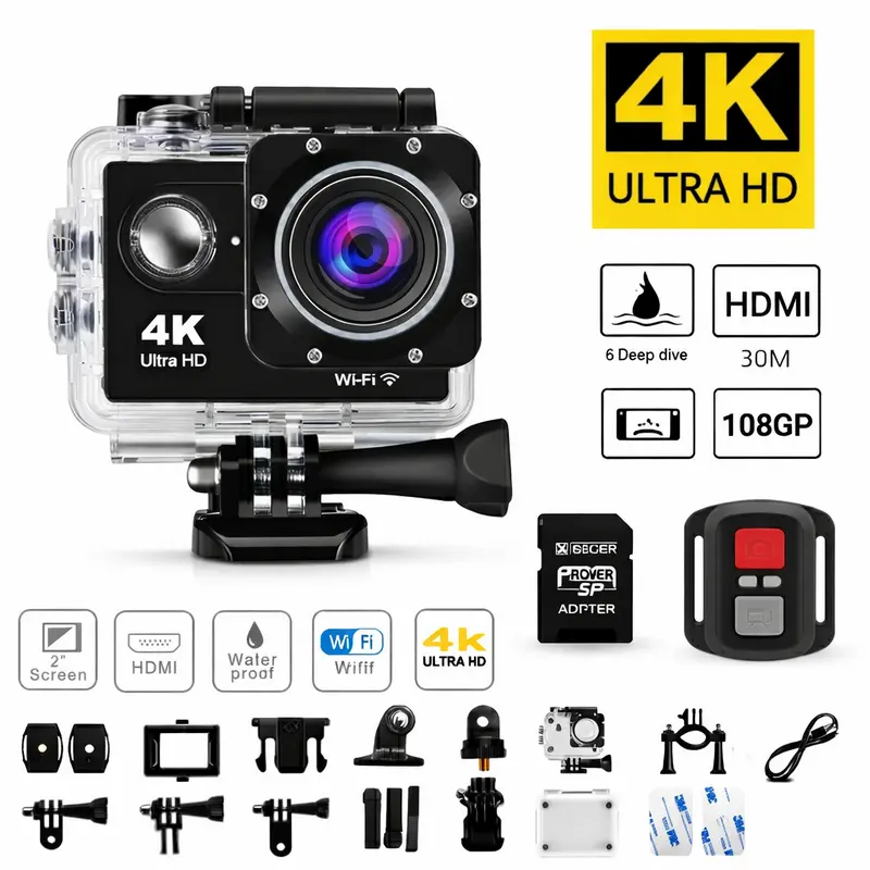 Action Cam 4K WiFi Impermeabile + MicroSD 32GB Inclusa Kit Sport Videocamera