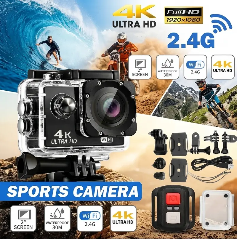 Action Camera 4K WiFi sport cam subacquea 30m telecomando 16MP kit accessori