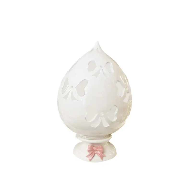 AD REM COLLECTION Lampada pomo in porcellana avorio fiocco rosa traforata Ø26x40