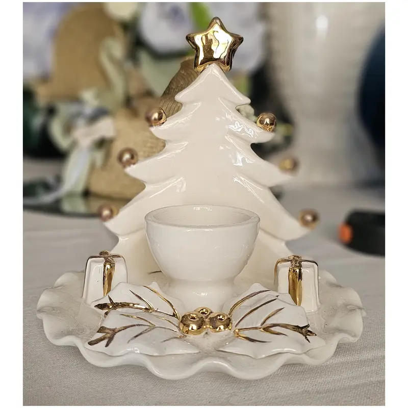 Ad Rem Collection Portacandela Albero di natale in porcellana bianco/oro H15xD16 cm