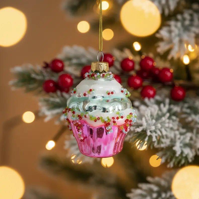 Addobbo Natalizio in Vetro "Cupcake" – Decorazione Albero di Natale 9 cm