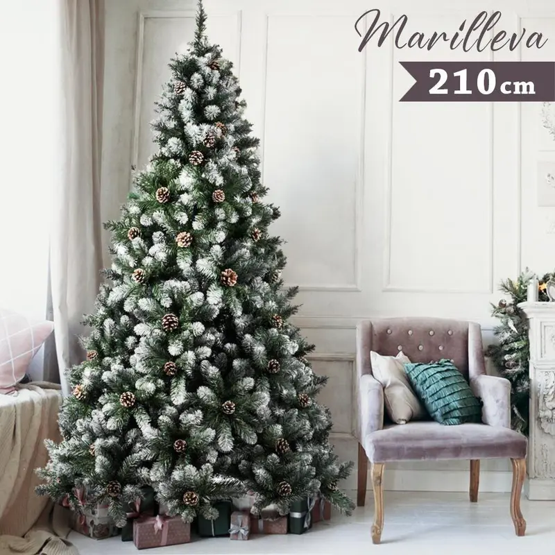 Albero di Natale Innevato 210 cm 1098 Rami Folto in Pvc con Pigne