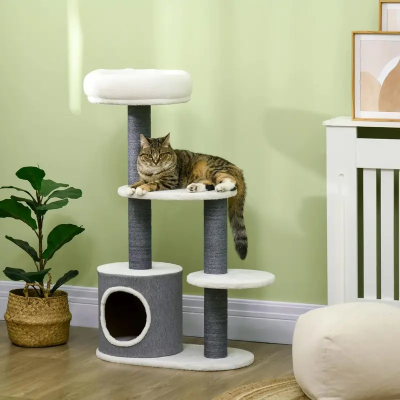 Albero per Gatti, Lettino Casetta e Tira graffi, 55.5x30.5 H 98 cm, Bianco Grigio