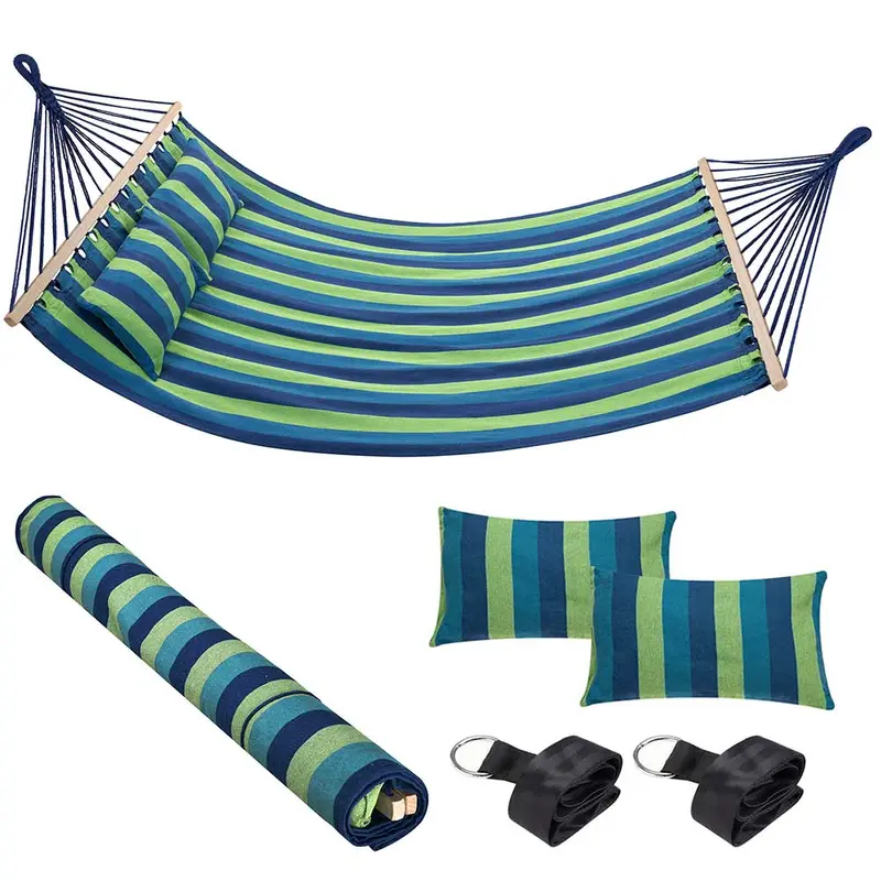 Amaca Giardino e Campeggio 2Posti Legno e Tessuto Pieghevole 345x150cm Blu Verde