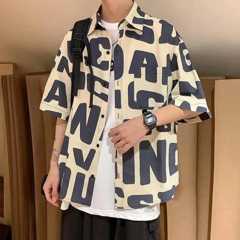 American hip hop short sleeve shirt men\'s thin loose shirt in summer