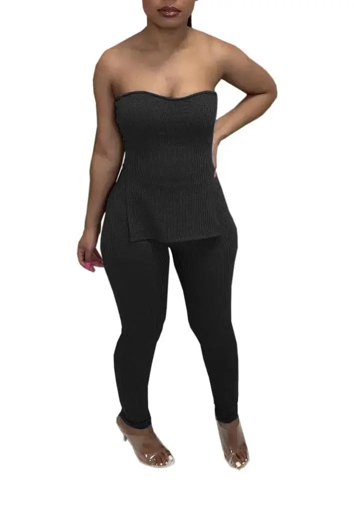 ANJAMANOR Rib Knit 2 Piece Sets Womens Outfits Casual Sexy Loungewear Tube Top and Pant Suits