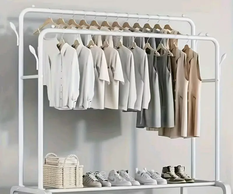 Appendiabiti Stand Doppia Barra Bianco Porta Abiti Salvaspazio Da Terra 150 cm