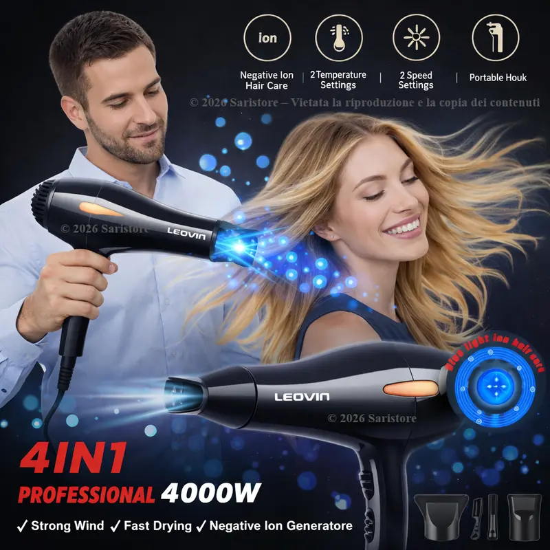 Asciugacapelli Phon Ioni Blu Professionale Potente con Diffusore Kit Accessori