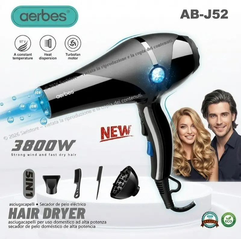 Asciugacapelli Professionale Phon 3800W Ioni Blu Kit 4 in 1 Diffusore Styling