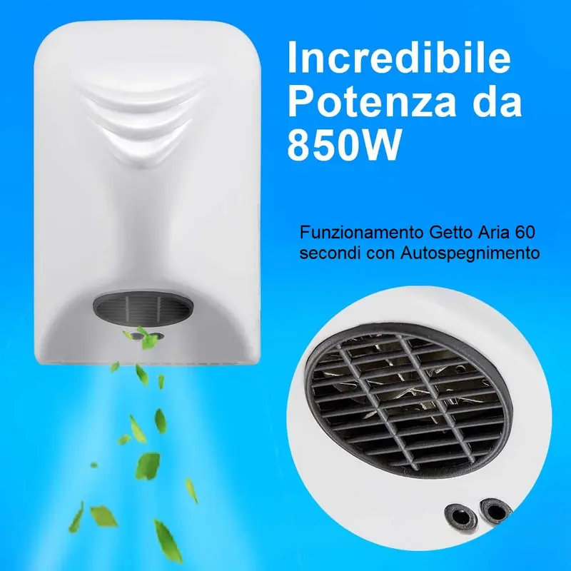 Asciugamani Automatico Elettrico Hotel Ristorante Aria Calda 850W con Fotocellula