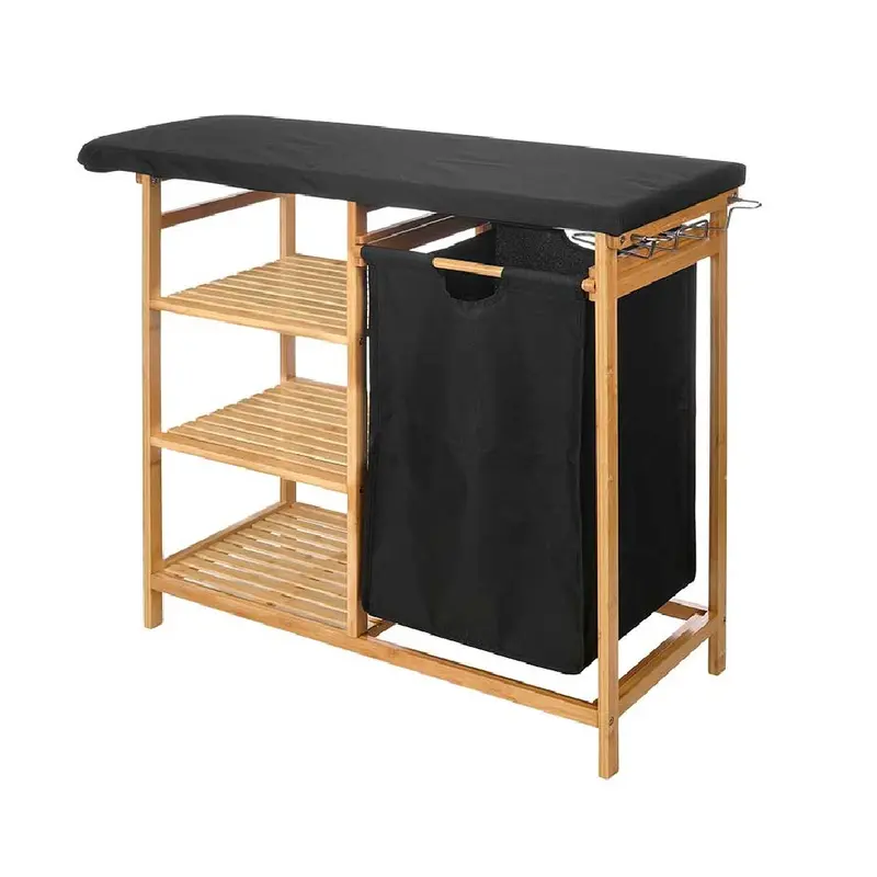 Asse da Stiro con Cesto Portabiancheria in Legno di Bambù 3ripiani 111x34x82 cm Nero