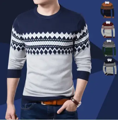 Autumn and winter color matching sets of sweaters slim round neck long sleeve bottoming shirt color matching sweater sweater men