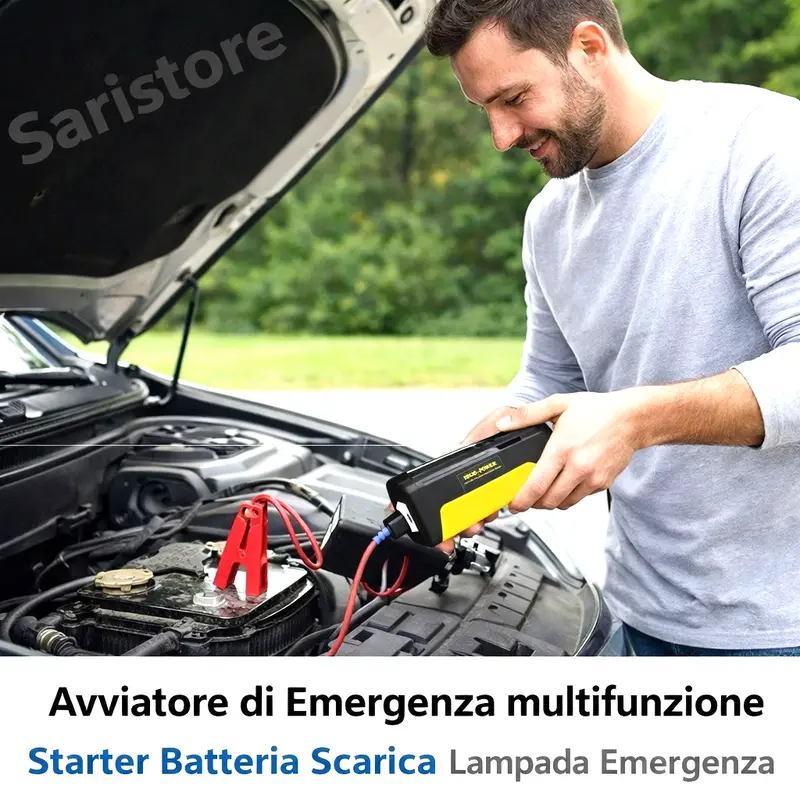 Avviatore Batteria Auto Portatile 600A Jump Starter 12V Power Bank Luce LED