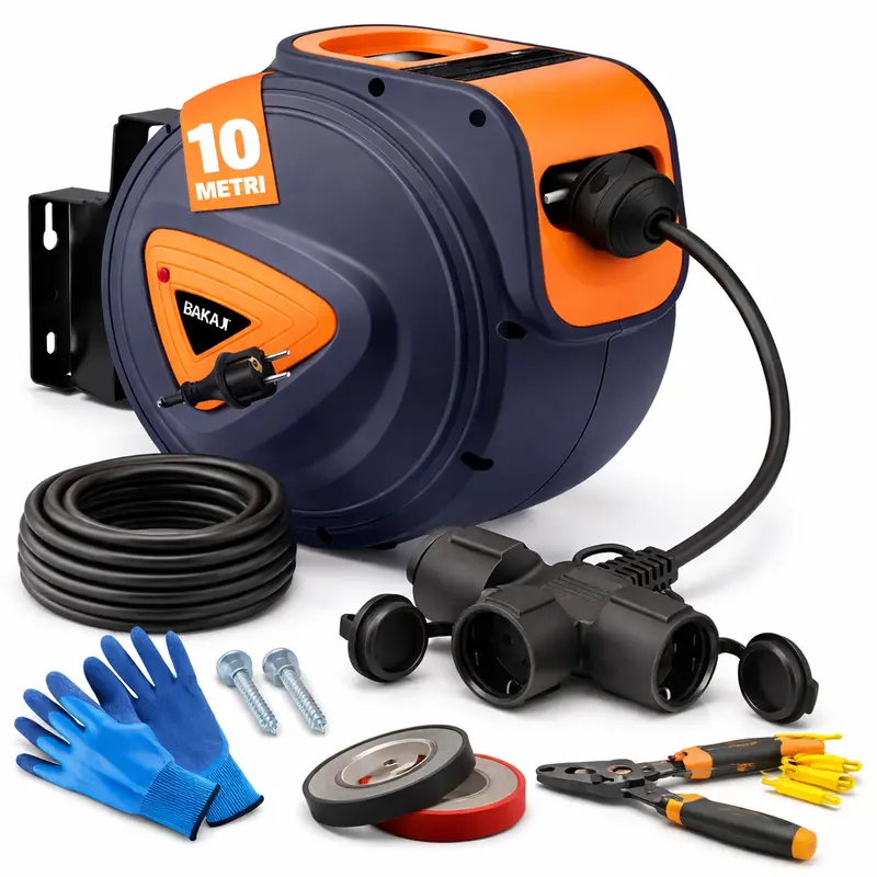 Avvolgicavo Elettrico 10 Metri con Supporto a Muro Rotante 180° e Multipresa 16Amp