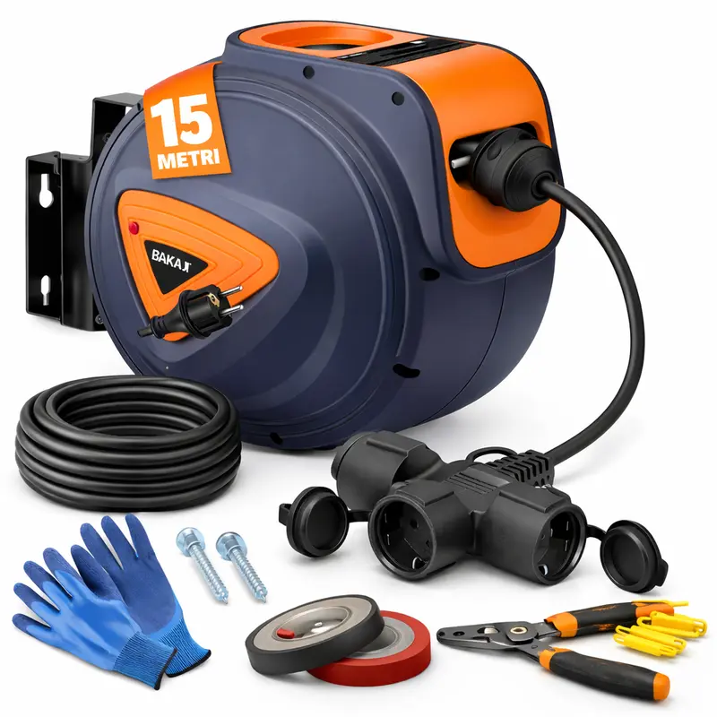 Avvolgicavo Elettrico 15 Metri con Supporto a Muro Rotante 180° e Multipresa 16Amp