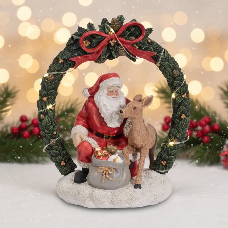 Babbo Natale con Renna e Ghirlanda Luminosa – Statuina Natalizia con Luci LED