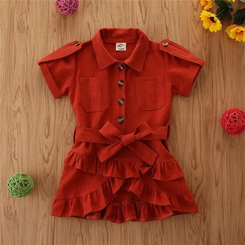 Baby Spring summer Clothing Toddler Girls Bandage Casual Dress Coat kids Ruffled Button solid dress