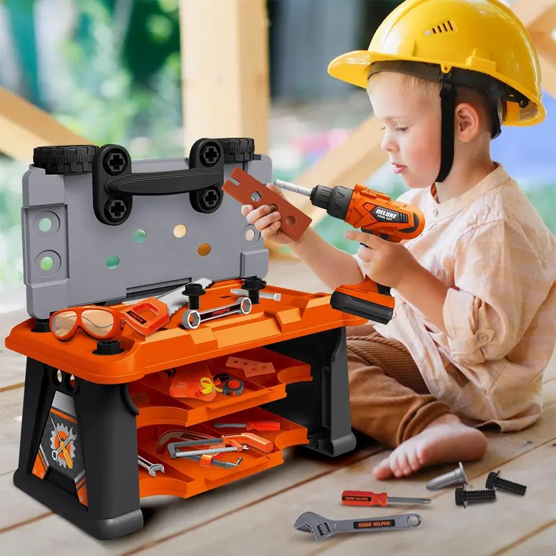 Banco Attrezzi Bambini 2 in 1 con Trapano Elettrico 65 pezzi Valigetta Gioco