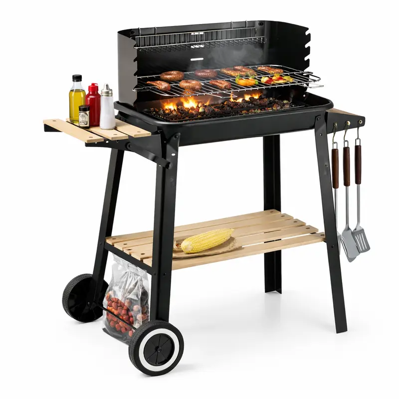 Barbecue a Carbone con Doghe in Legno Griglia Acciaio 2 Ruote Supporto 83x46x87cm
