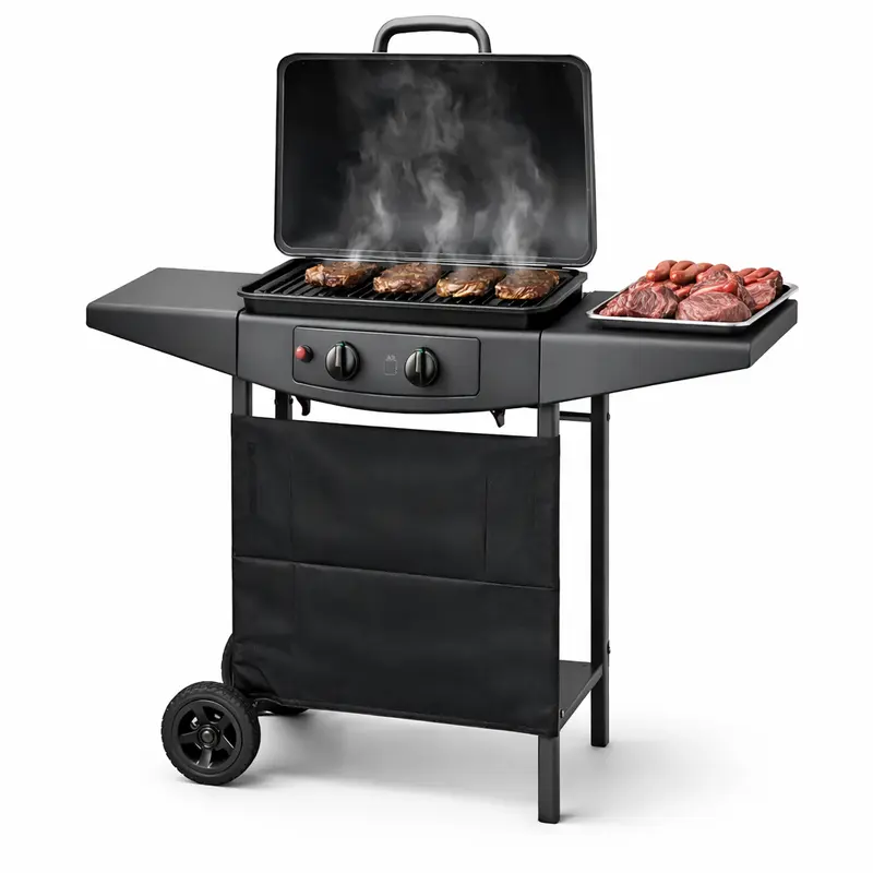 Barbecue a Gas 2 Fuochi 5kw con Ruote e Ripiani Griglia Accensione Elettrica