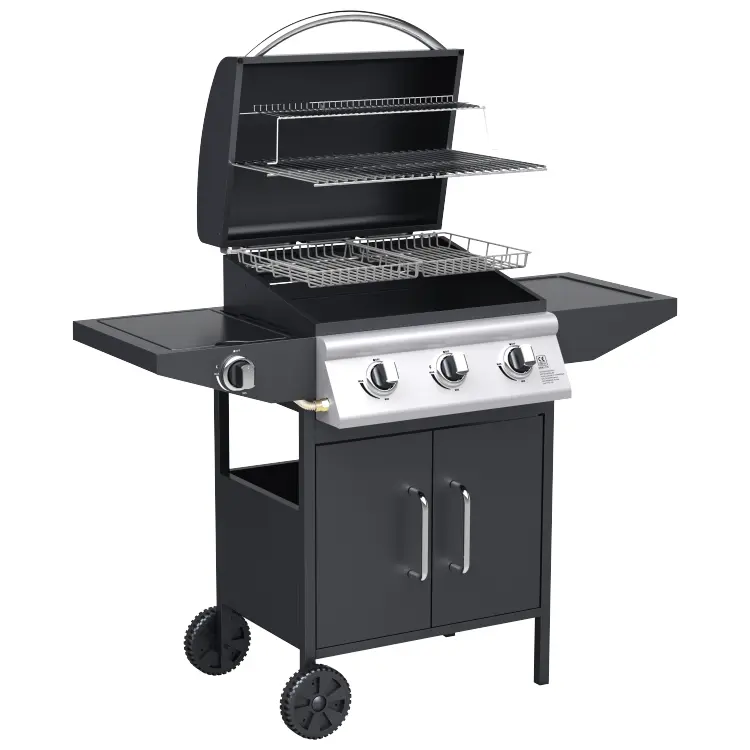 Barbecue a Gas Pietra Lavica 3 Fuochi con Termostato + Fornello e Piano Laterali