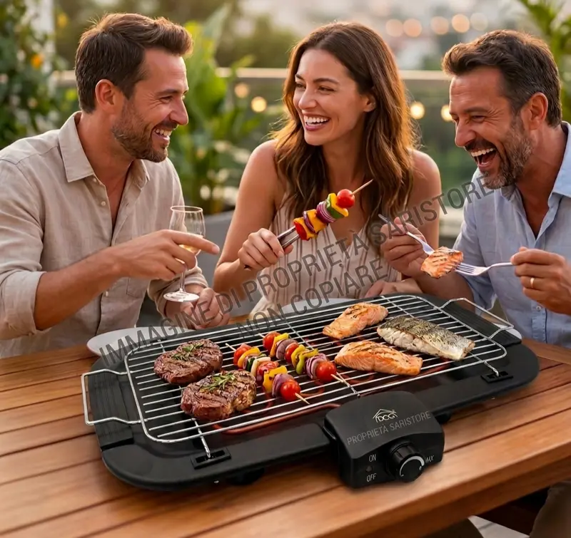Barbecue Elettrico Potente 2000W Griglia Grande Anti-Fumo Ideale Interno Esterno