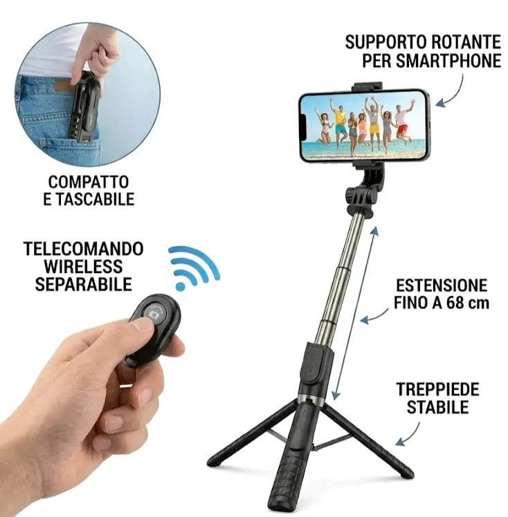 Bastone Selfie Stick 140cm Treppiede 3 in 1 Telecomando Bluetooth Smartphone