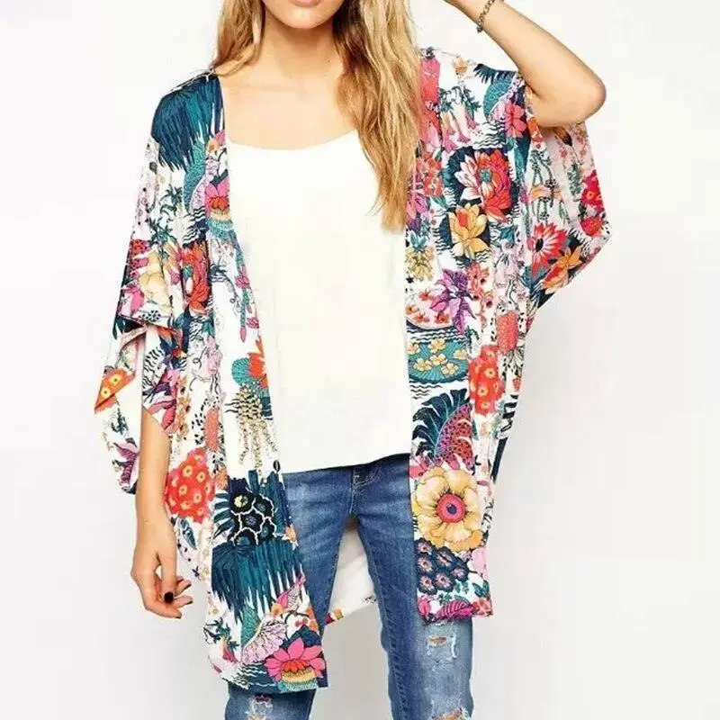 Bat Sleeve Chiffon Flower Kimono Sun Protection Suit