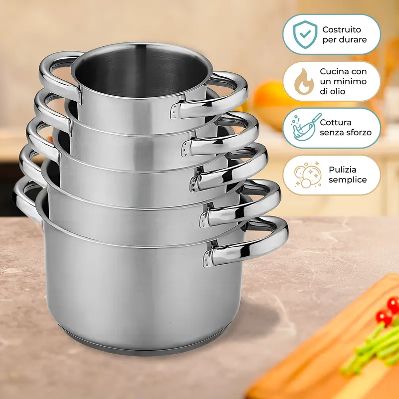 Batteria di Pentole in Acciaio Inox Set 5 Pezzi Impilabili Compatibile con Induzione, Gas, Vetroceramica Senza PFOA