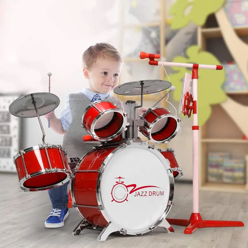 Batteria Musicale Giocattolo con Microfono Pianola DJ MP3 Rossa per Bambini