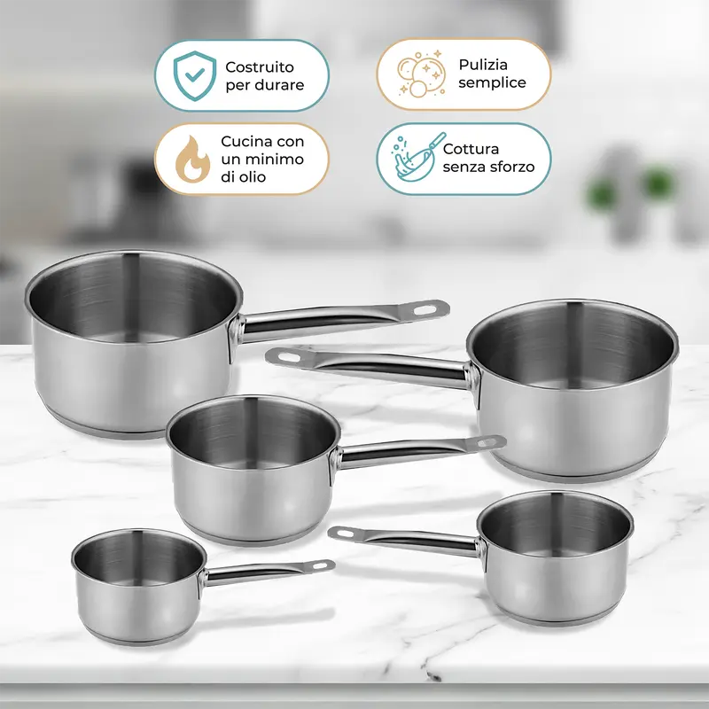 Batteria Pentole Acciaio Inox Set 5 Pezzi con Mono Manico Compatibili con Induzione Gas e Vetroceramica Senza PFOA