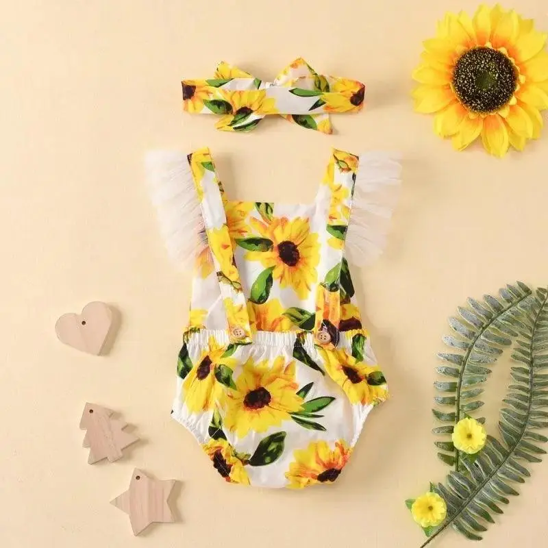 Beachwear Ruffled Sunflower Print Jumpsuit Pullover And