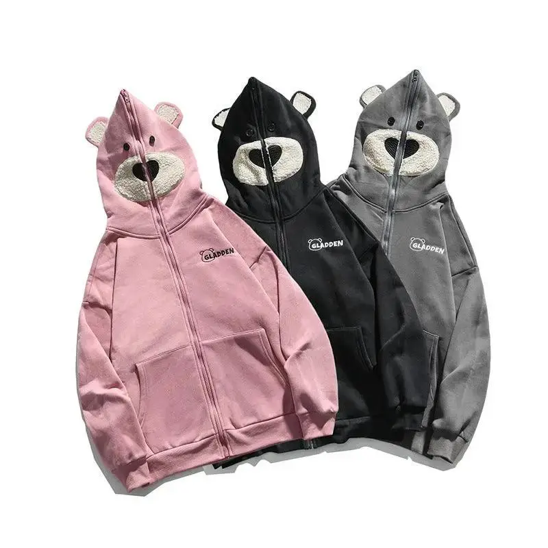 Bear embroidered couple zipper cardigan jacket