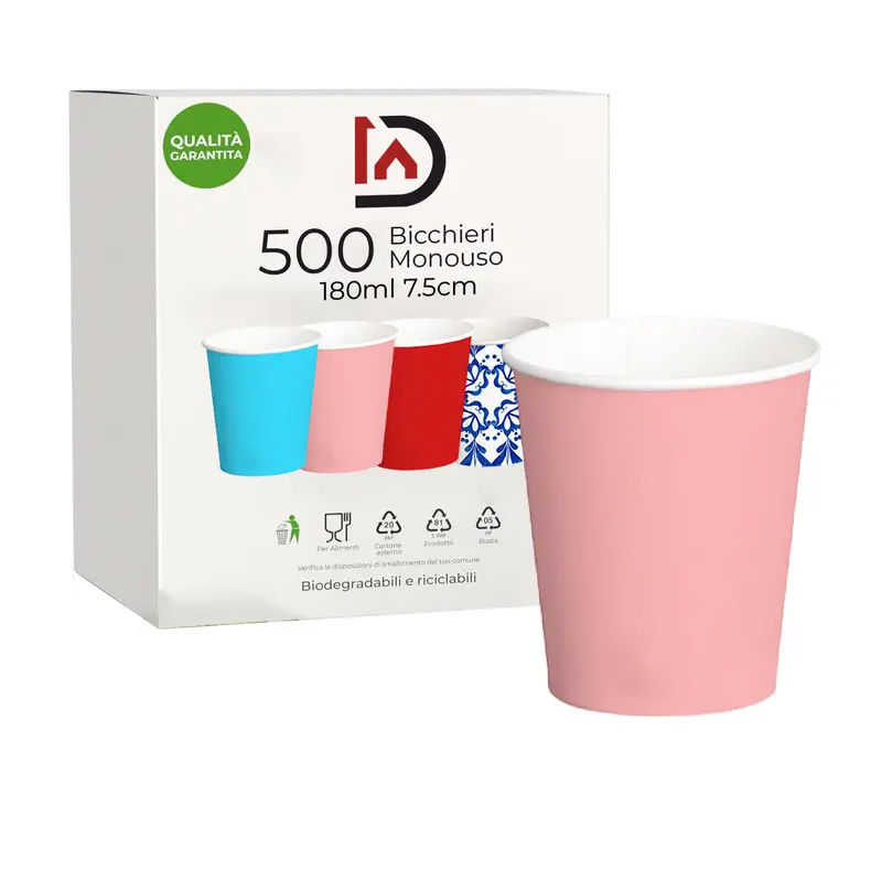 Bicchieri Acqua in Carta 180ml H. 7.5cm Maxi Scorta 500pz 100% Biodegradabili Rosa