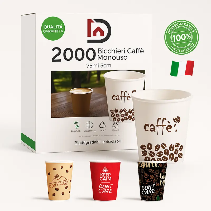 Bicchieri Caffe Carta 75ml Maxi Scorta 2000pz 100% Biodegradabili Made in Italy