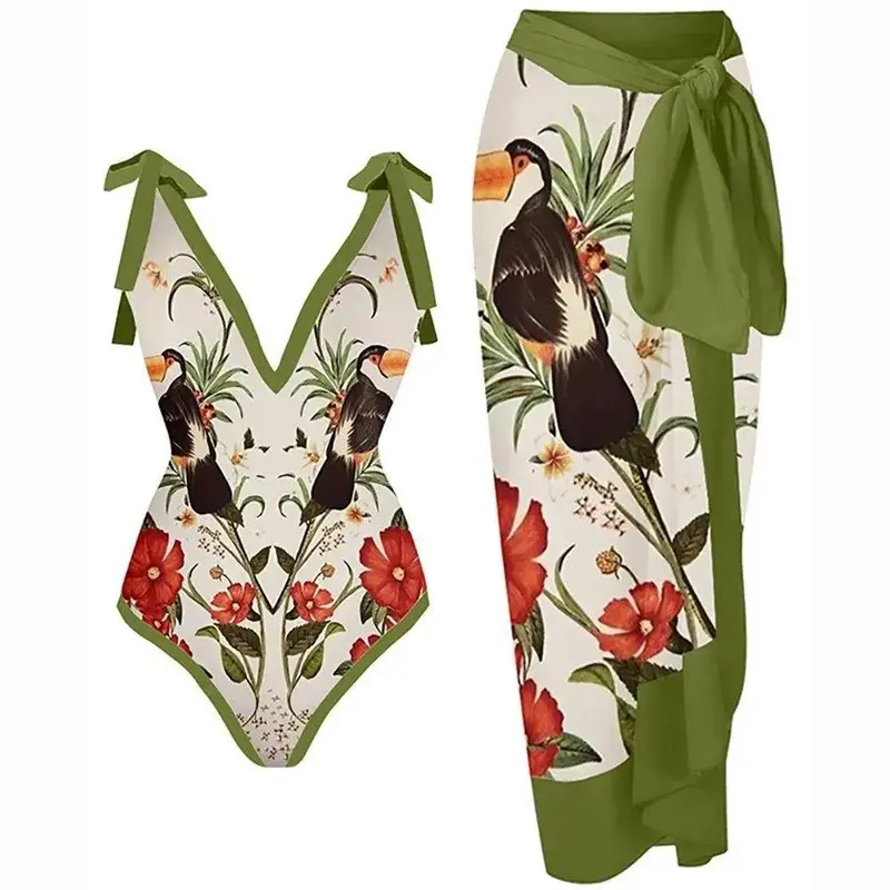Bikini Lace Up Swimwear Set Long Skirt Chiffon