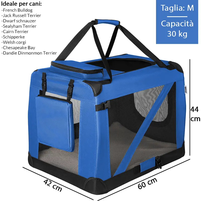 Borsa Trasportino Animali Domestici Pieghevole 60x42 H 44cm Cani e Gatti Blu
