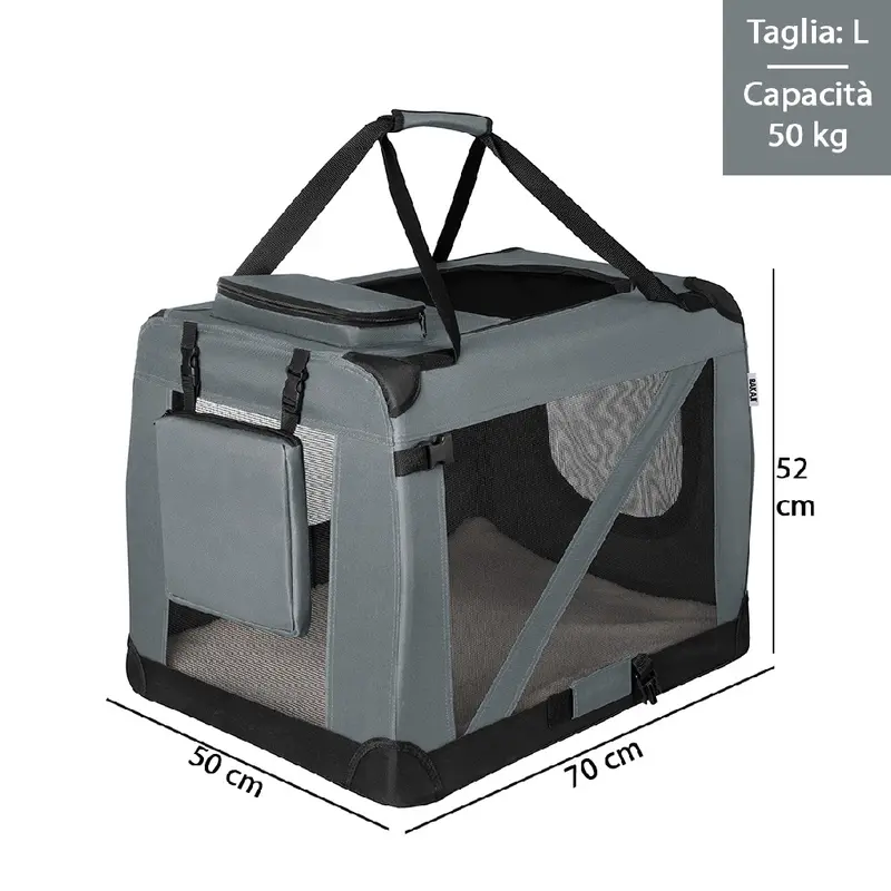 Borsa Trasportino Animali Domestici Pieghevole 70x50 H 52cm Cani e Gatti Grigio