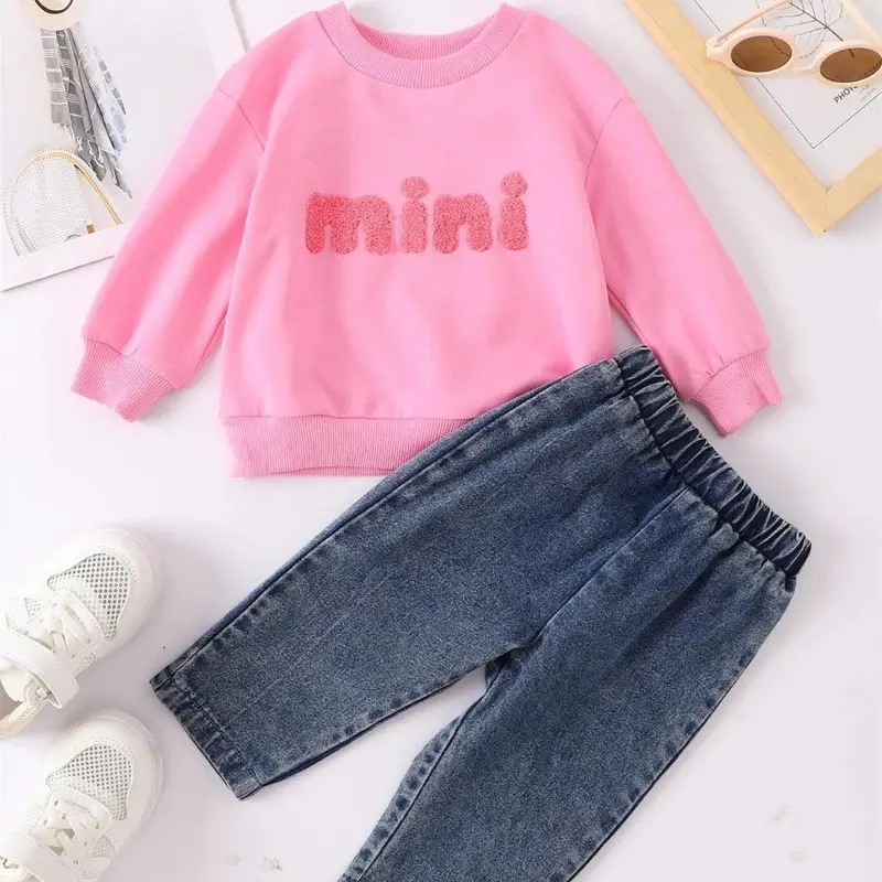 Boys And Girls Casual Letter Print Pullover Sweater Jeans Two-piece Set