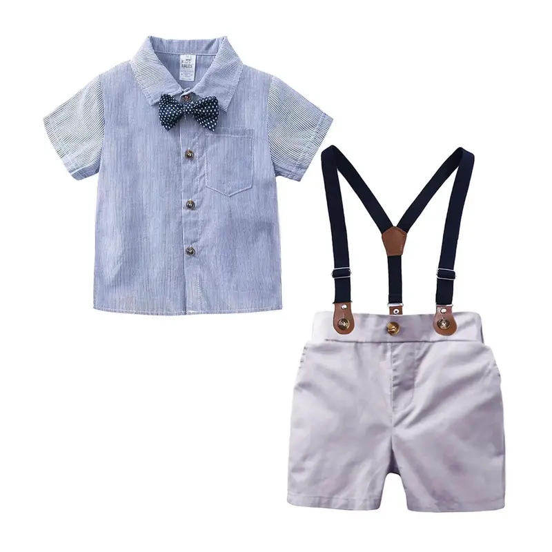 Boys Striped Romper Overalls Three Piece Set