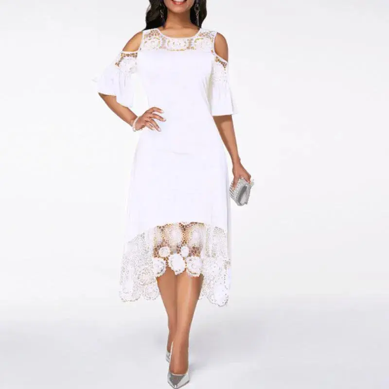 Butterfly Sleeve Mid-calf Dress Women Sexy Cold Shoulder Dress Lace Stitching Ladies Dresses Spring Female