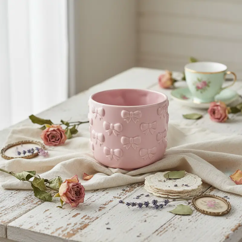 Cachepot in Ceramica Rosa con Decorazioni a Rilievo