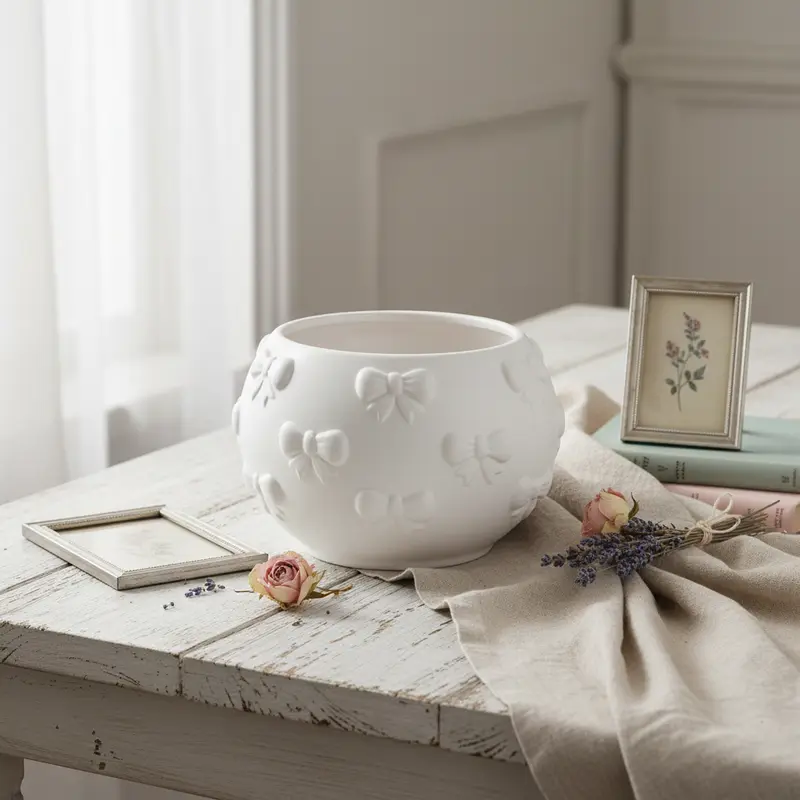 Cachepot Tondo in Ceramica con Decorazioni a Rilievo