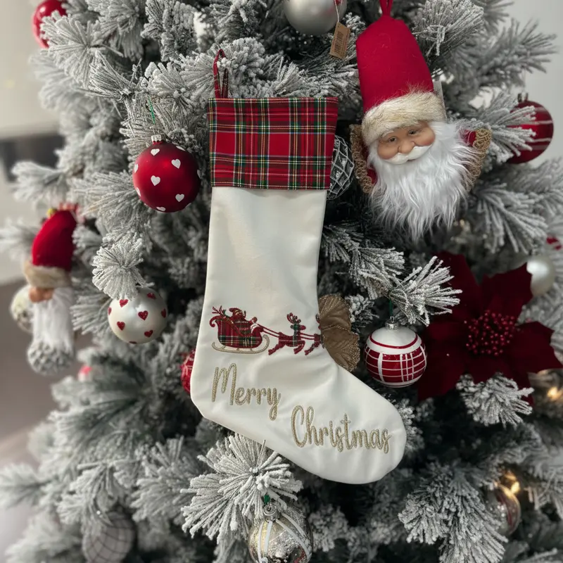 Calza di Natale Bianca "Merry Christmas" con Risvolto Tartan