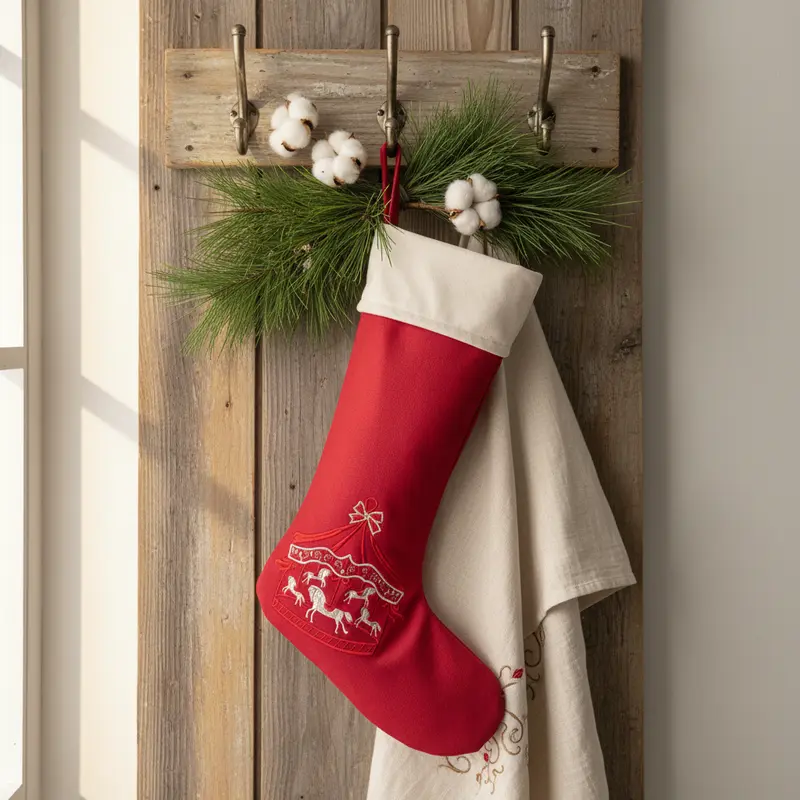 Calza di Natale in Tessuto Rosso con Giostra Ricamata